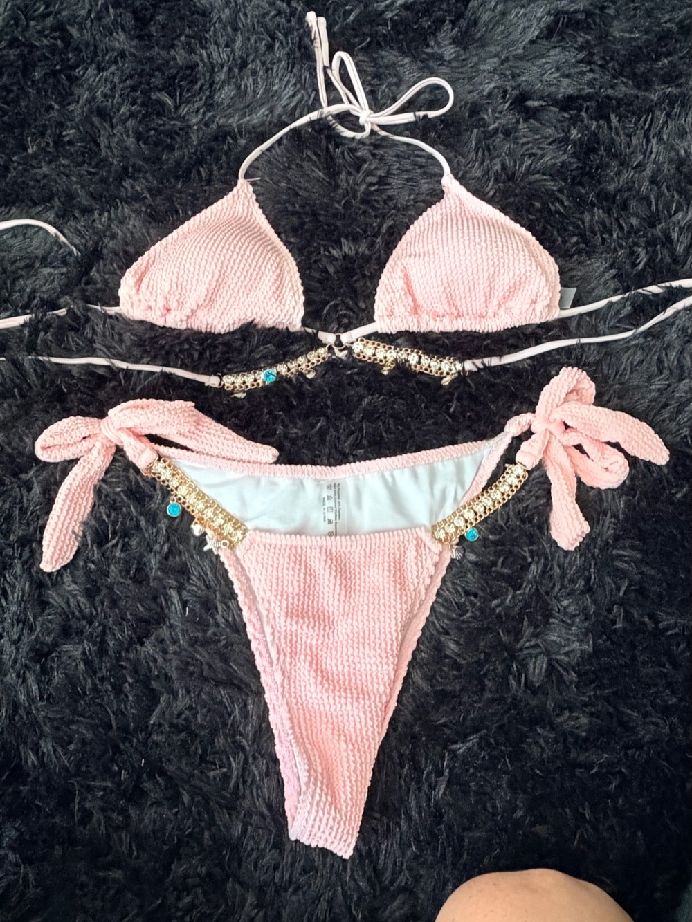 SHEIN Pink Textured Tie-Side Bikini with Gold & Turquoise Accents